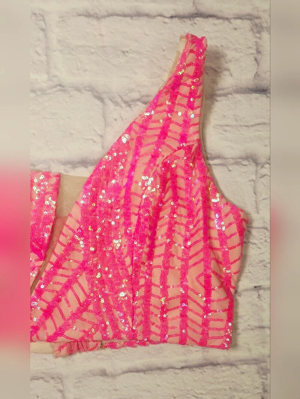 Neon Pink Sequin Two Piece Formal Set One Shoulder Crop Top Maxi Skirt